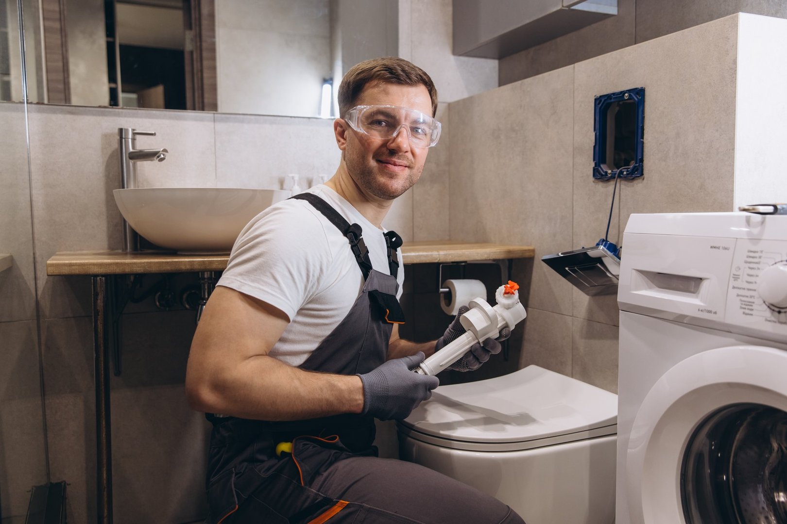Plumber wearing safety glasses and gloves, holding a toilet fixture, working in a modern bathroom