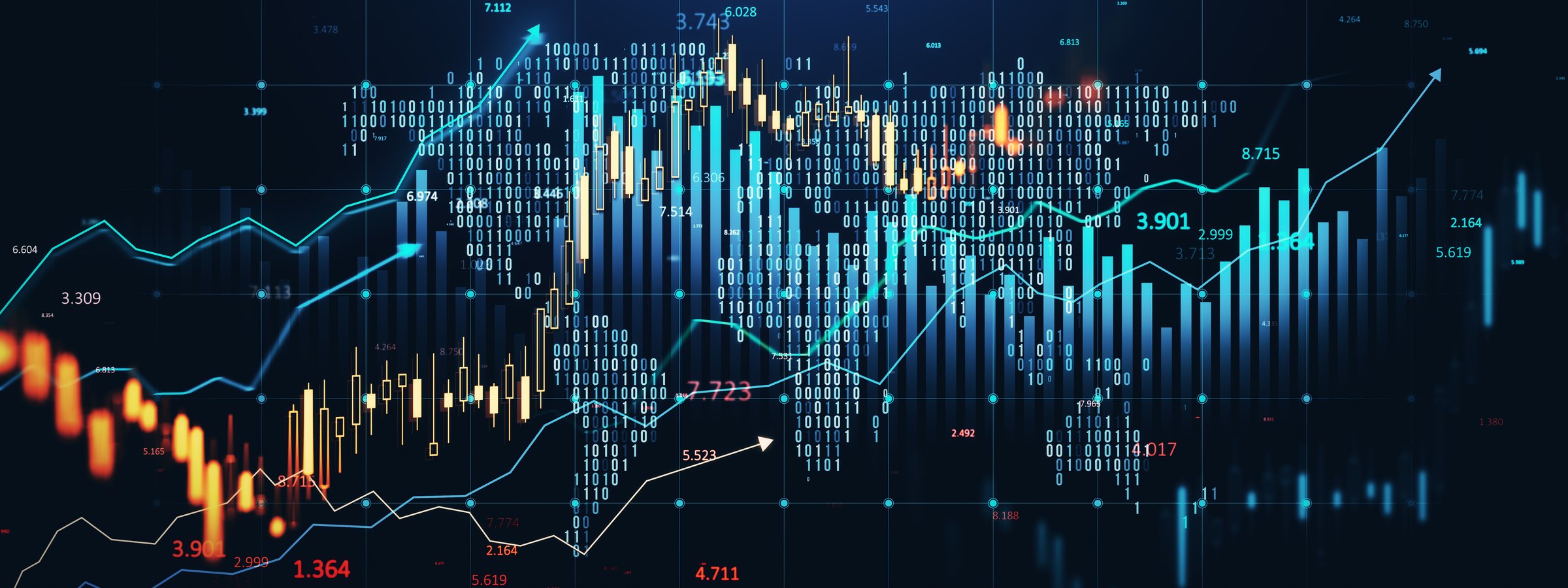 Financial trading graph with candlesticks, binary data, and upward trends on a dark digital background. Concept of global market and fintech. 3D Rendering.