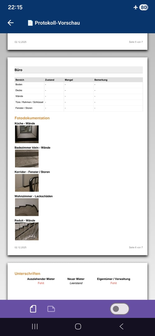 Wohnungsprotokoll App Screenshot - Darstellung PDF Export