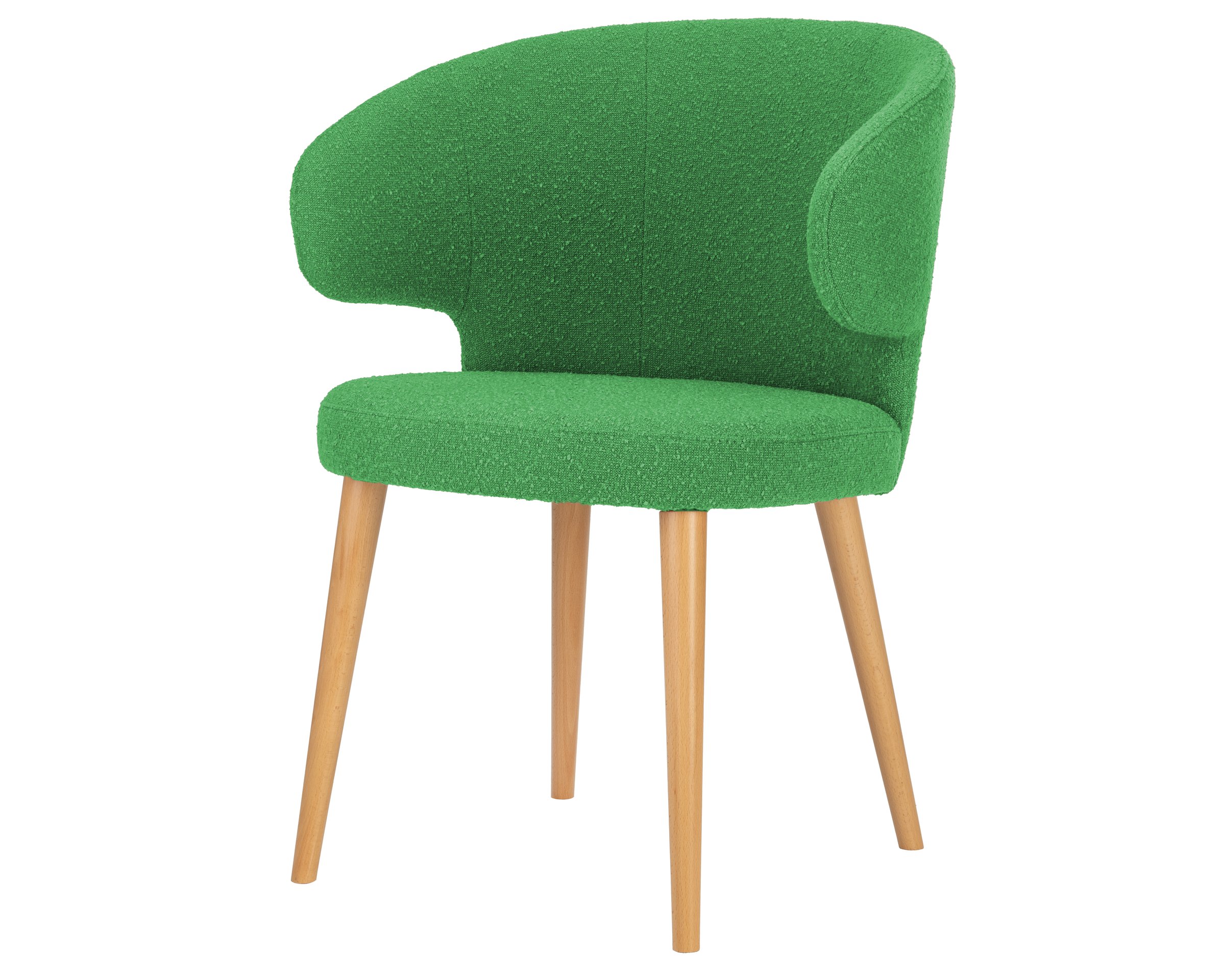 Contemporary green armchair with a fabric seat and backrest supported by sleek wooden legs