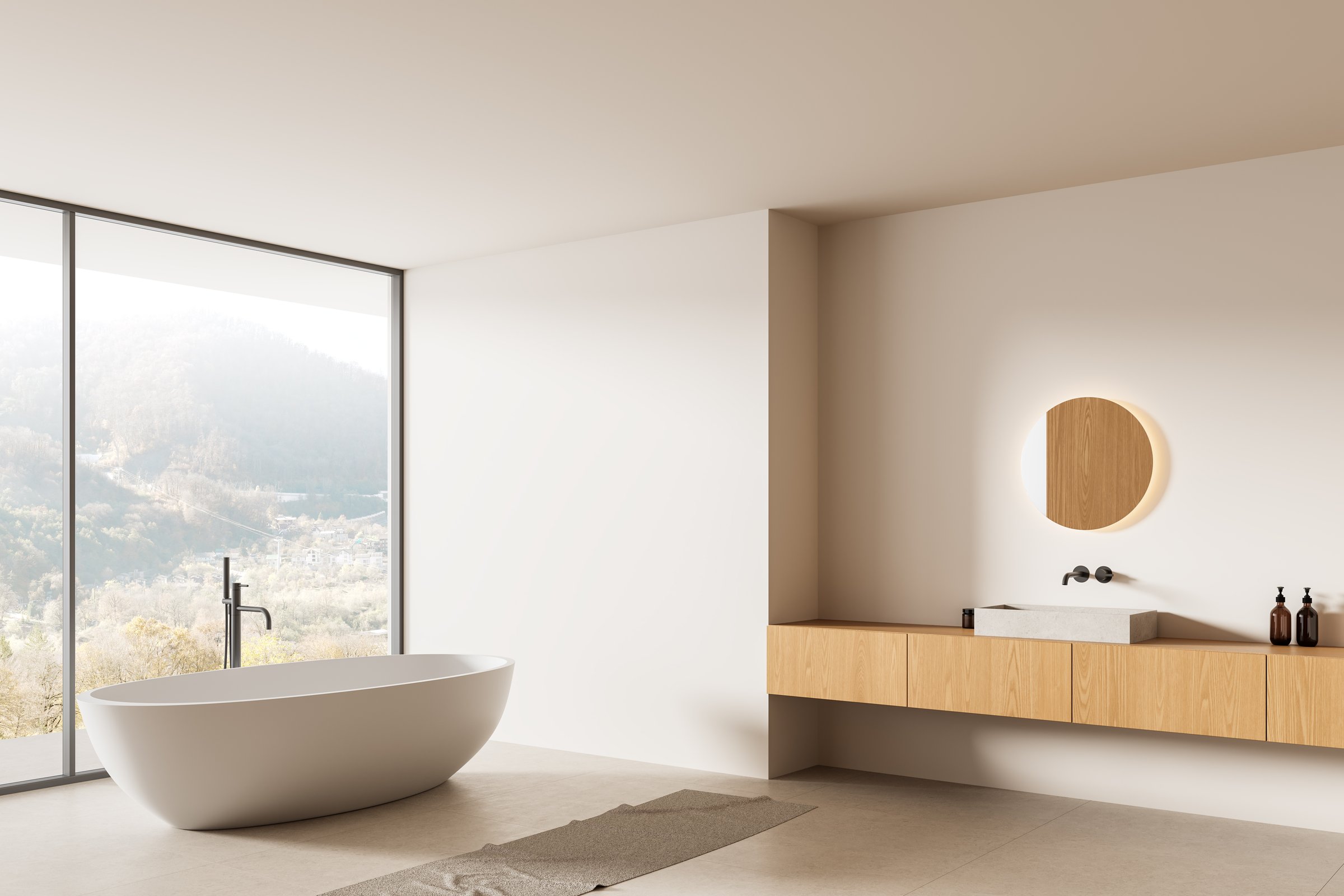 Contemporary minimalist bathroom with mountain view