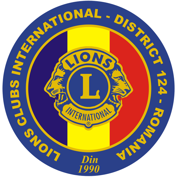 Lions Clubs International logo with two lions, District 124 Romania, with Romanian flag colors.