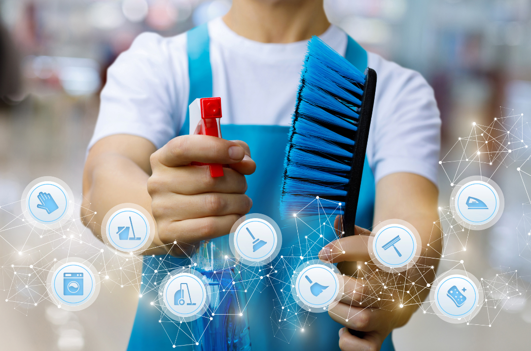 Person wearing a blue apron holding a spray bottle and brush, surrounded by cleaning icons and network connections.