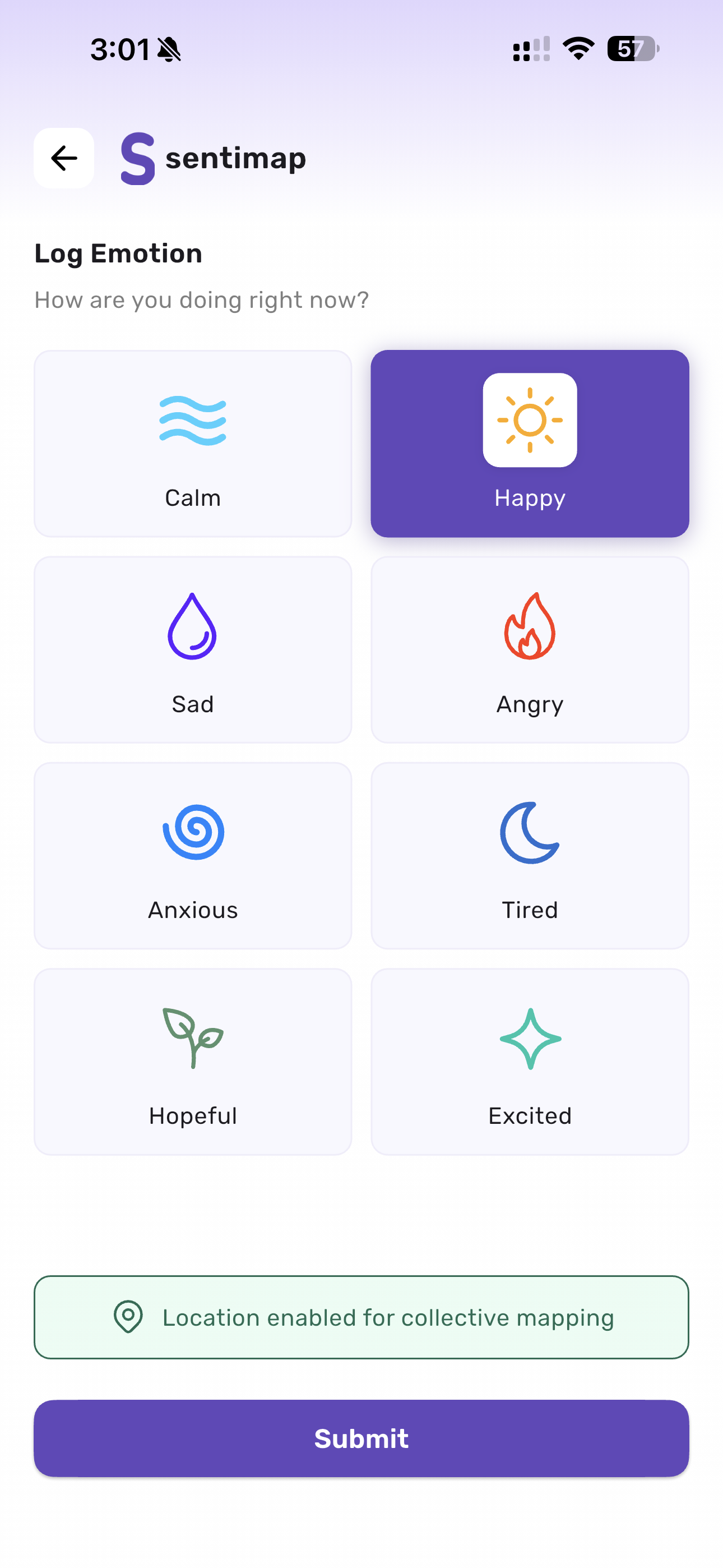 Sentimapp emotion logging screen