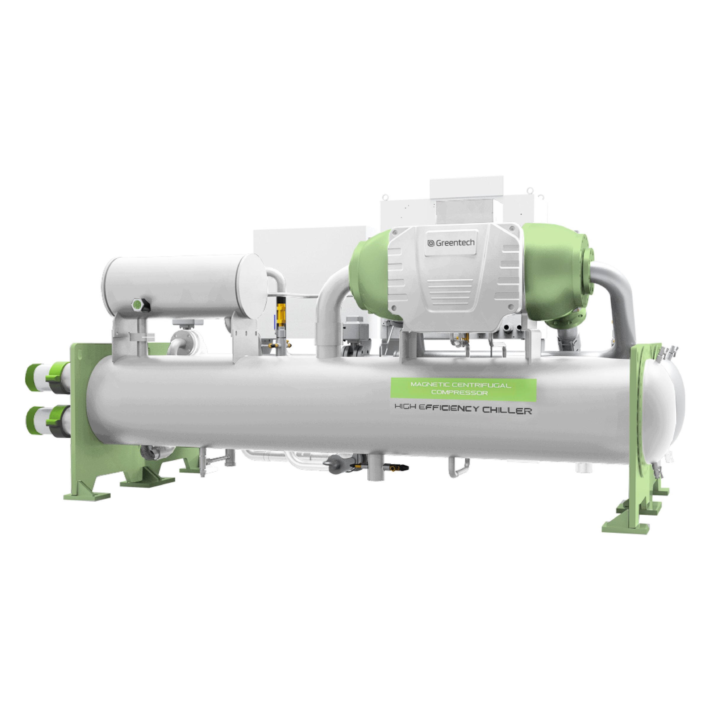 High-efficiency chiller with green components and Greentech logo, featuring cylindrical design and multiple connections.