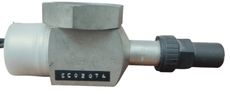A metallic sensor or transducer with a label reading EC02074, featuring a cylindrical shape and a black connector.