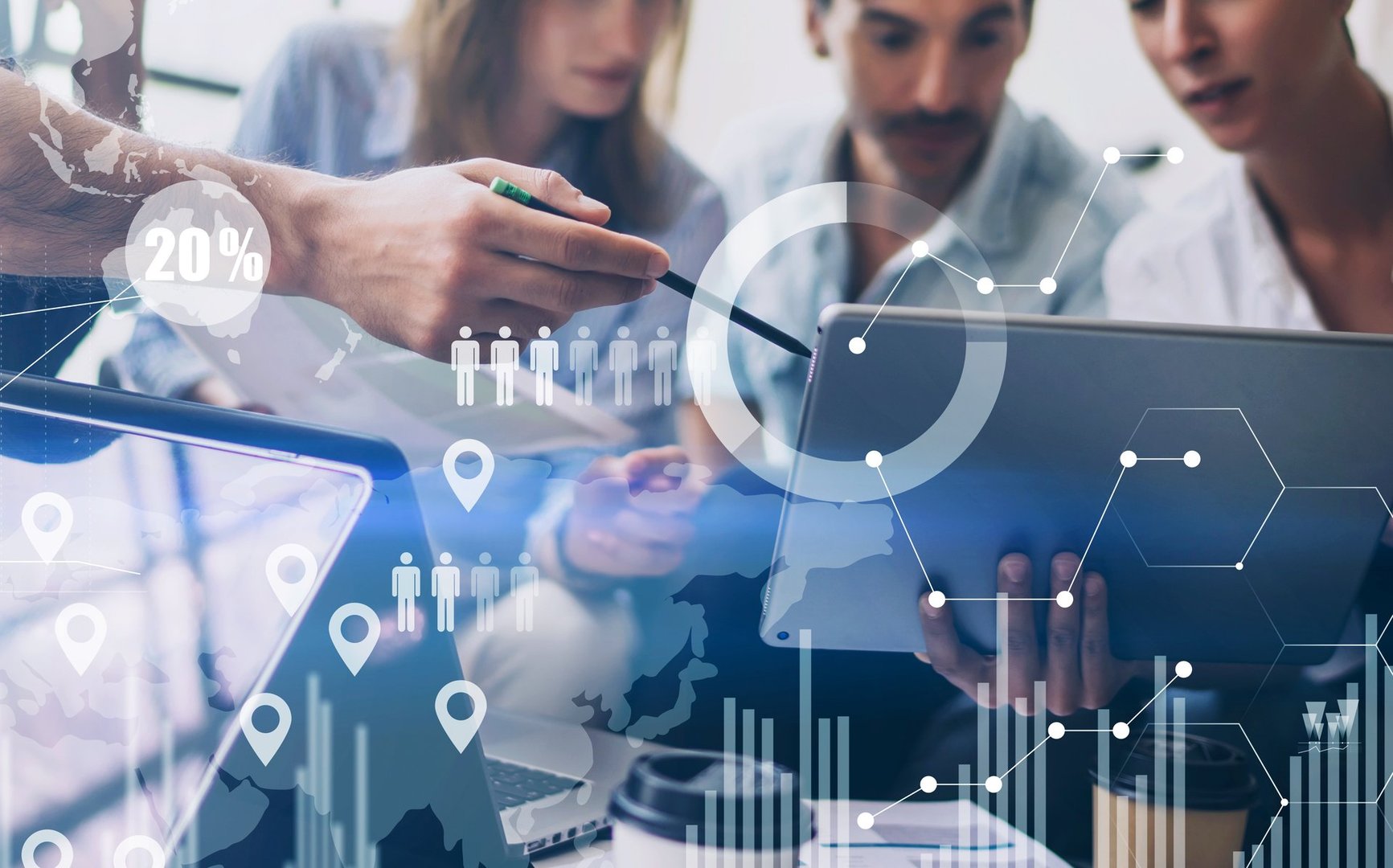 Concept of digital diagram,graph interfaces,virtual screen,connections icon on blurred background.Coworking team meeting