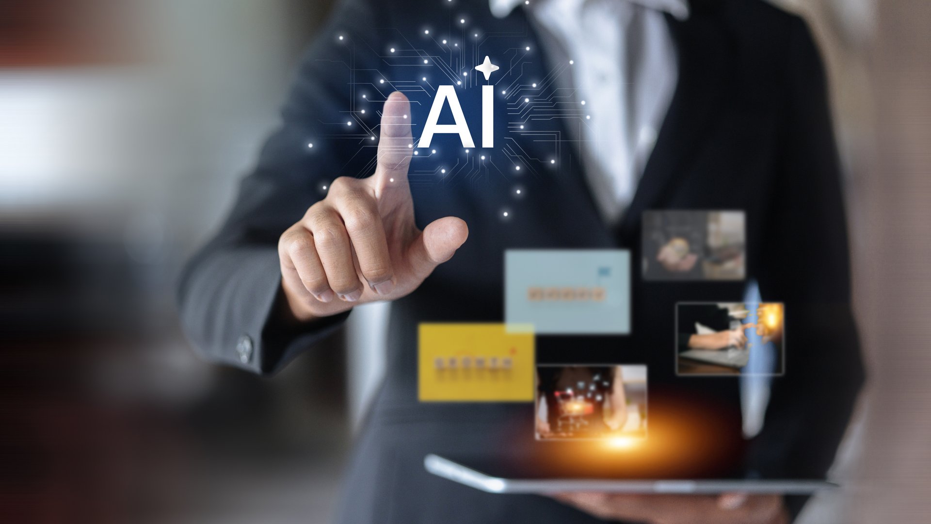 Businessman touching AI virtual interface with digital graphics, artificial intelligence technology, data innovation, and business digital transformation concept.