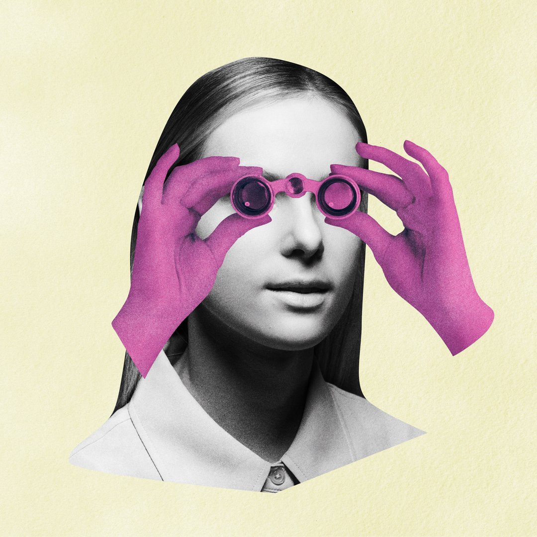 States of mind, fantasy concept. Surreal collage of black and white woman portrait with purple binocular in hands. Grunge and noise effect applied, retro vintage style