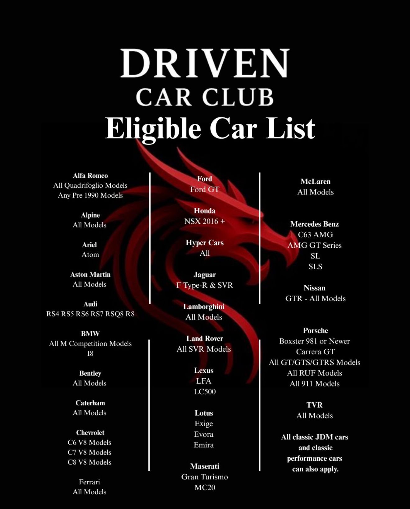 Eligible cars for club membership