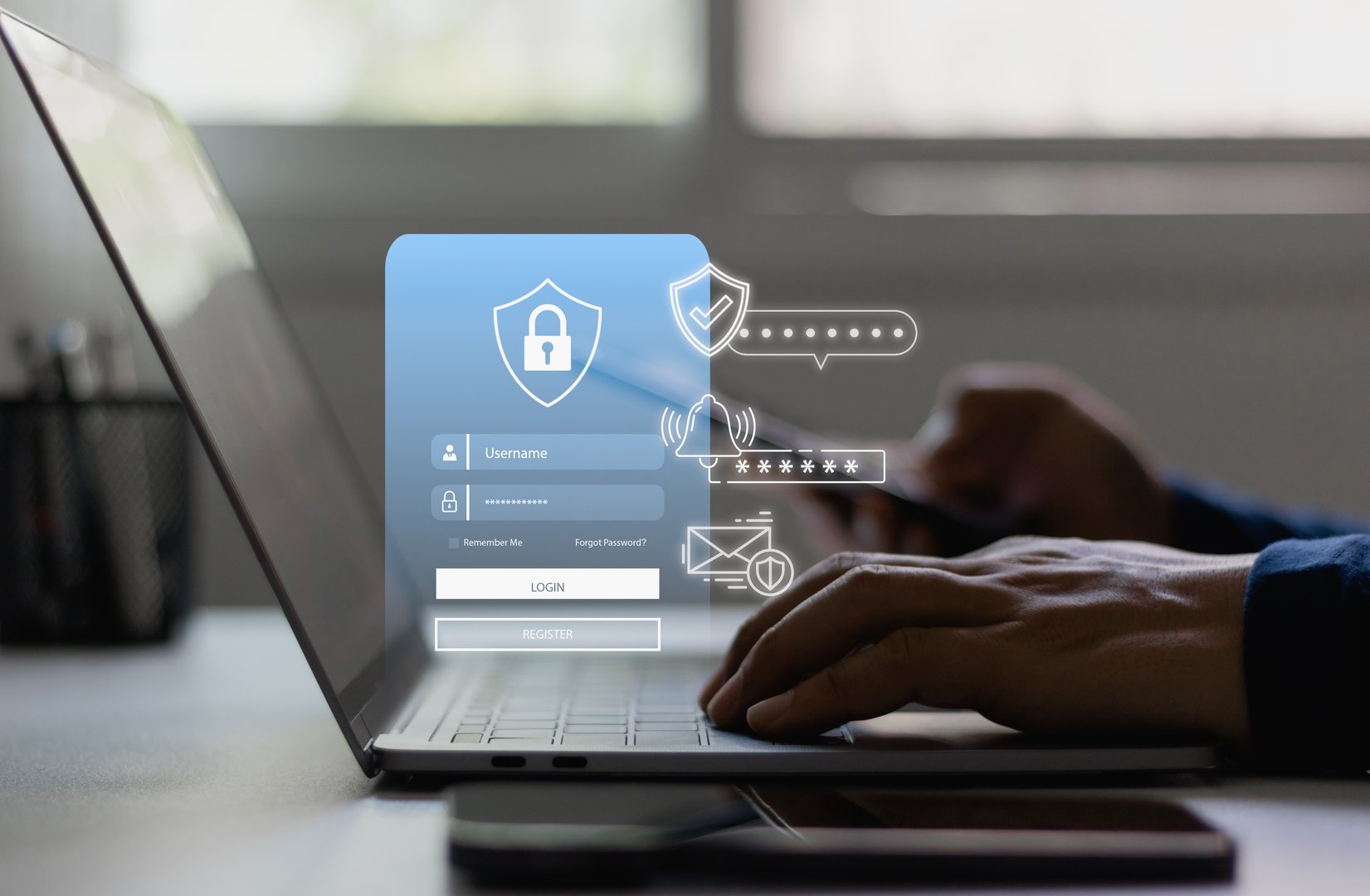 Secure multi-factor authentication login process for cybersecurity protection user privacy access on digital platform. Person login credential on laptop with password, username, cyber security symbol.