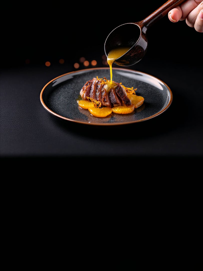 Sliced duck breast with orange sauce being poured from a wooden ladle on a dark gray plate