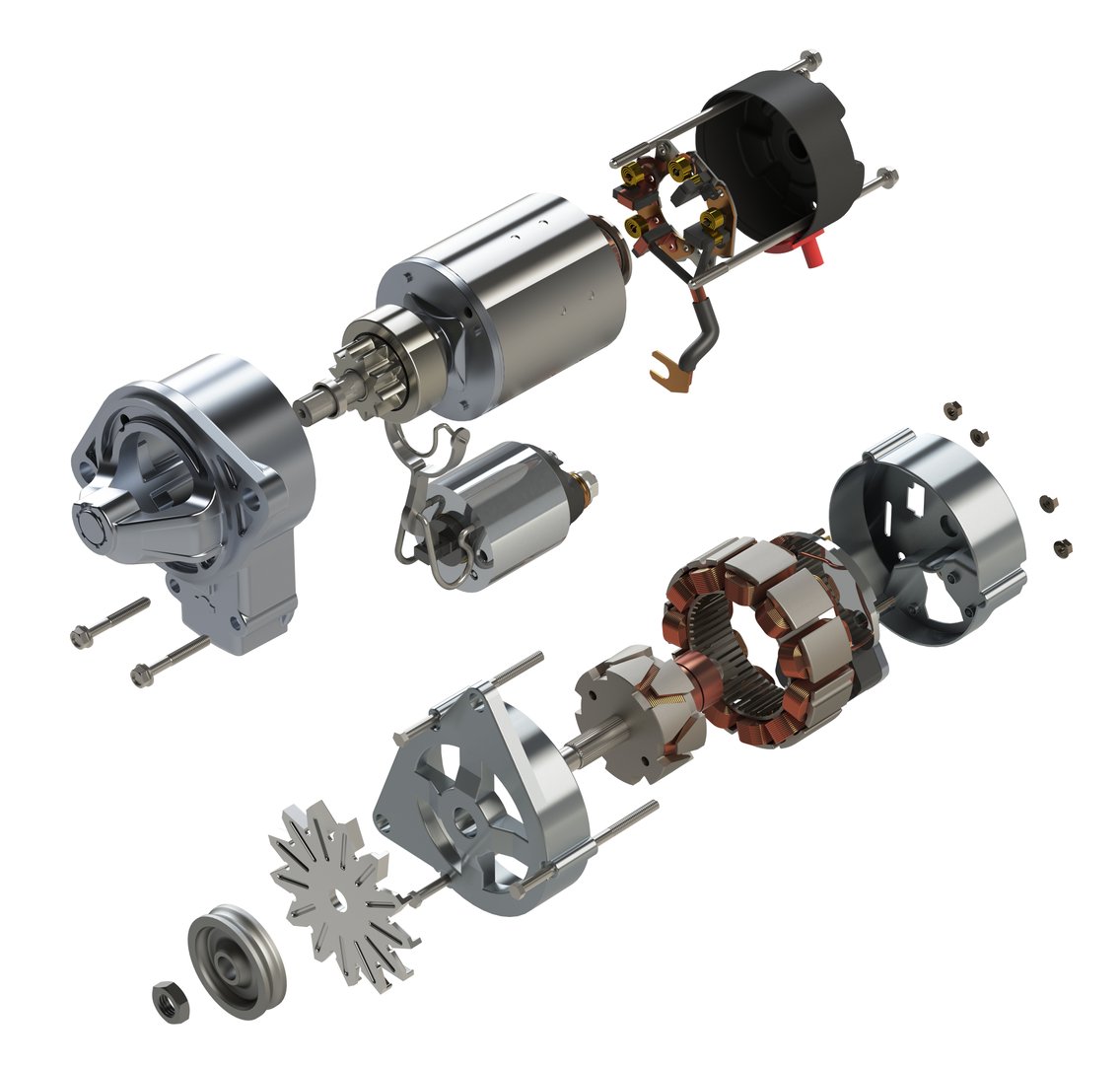 Car starter and alternator in exploded view 3D illustration isolated on white background