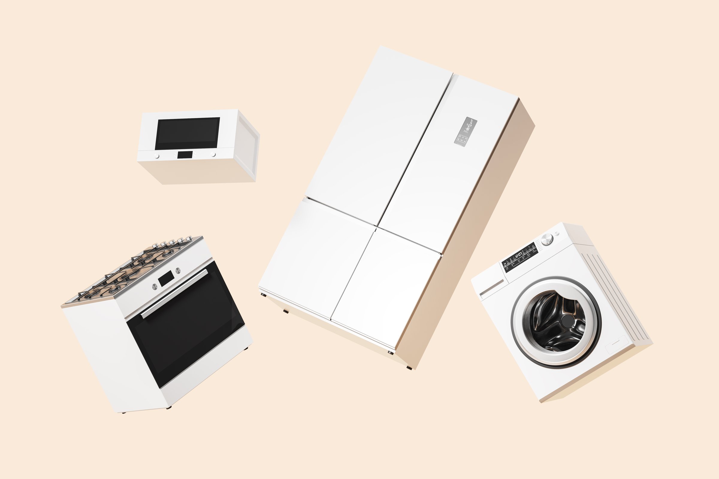 Flying home appliances set on empty copy space beige background. Refrigerator, oven, washing machine and microwave for modern apartment or house. 3D rendering illustration