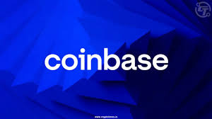 Coinbase logo on a blue geometric background.