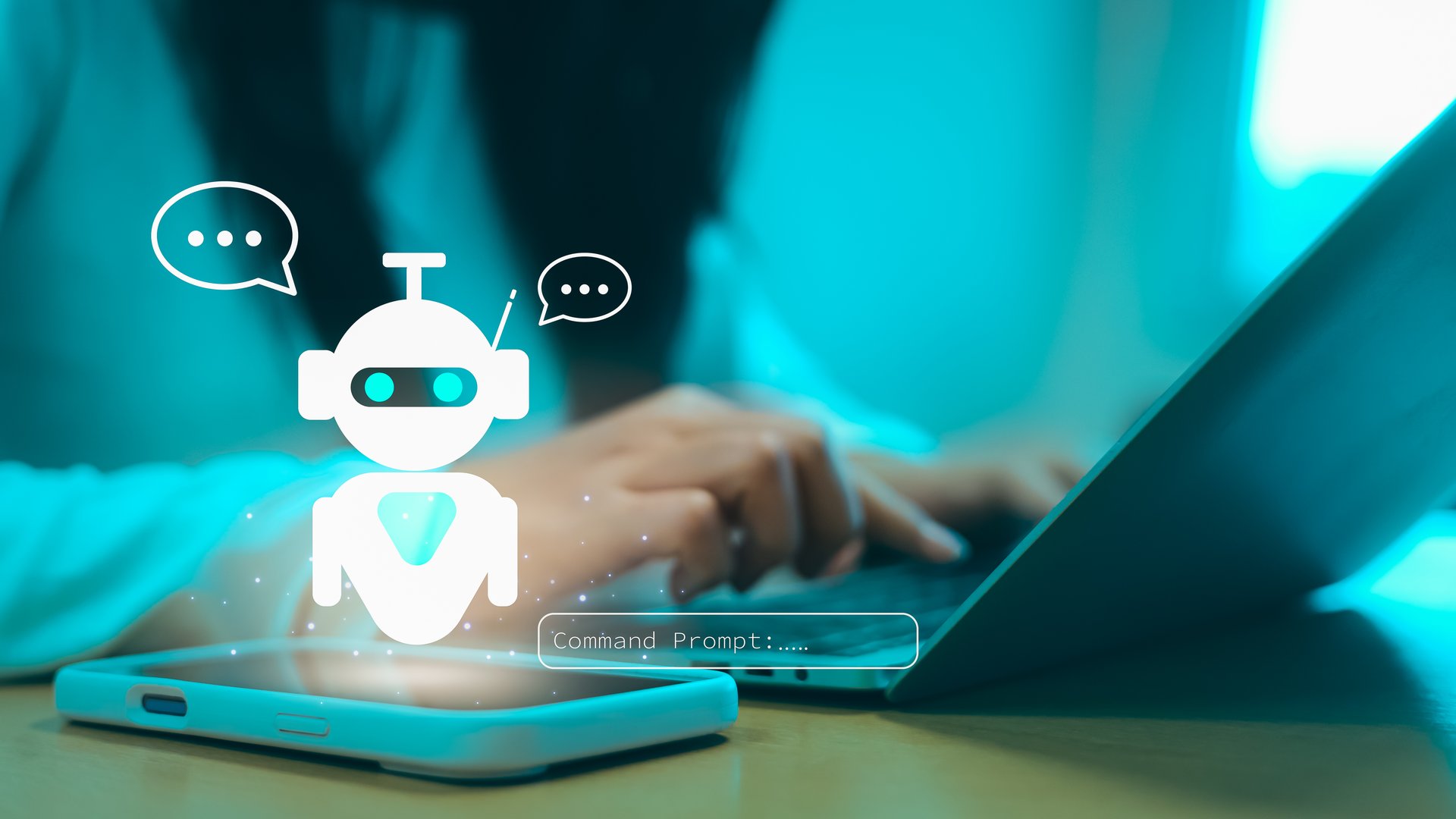 Close up of hands using smartphone with AI chatbot icon and command prompt. Concept of artificial intelligence, machine learning, customer service automation and future technology.
