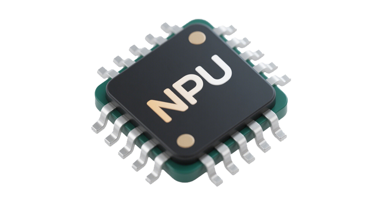 A computer chip labeled "NPU" with metallic pins on its sides, representing a neural processing unit.