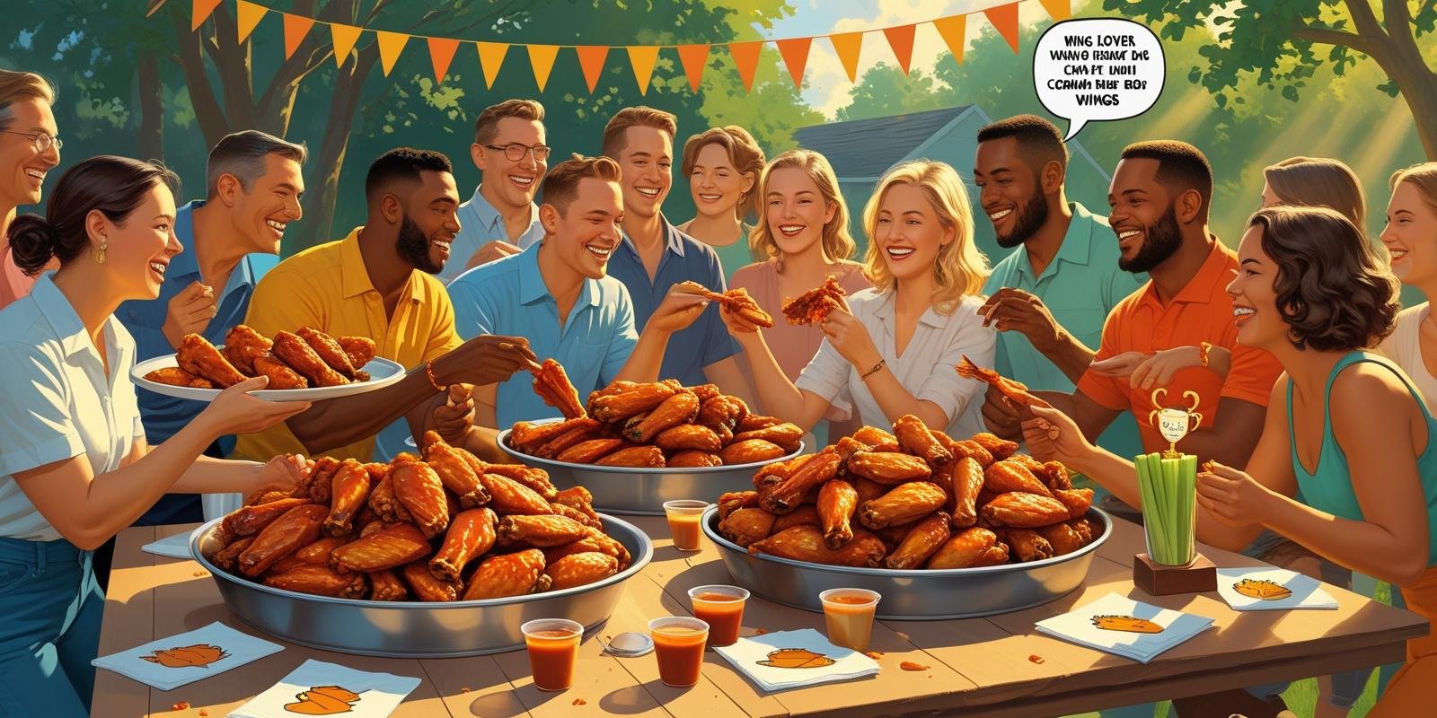 A group of people enjoying a large feast of buffalo wings outdoors with trees and decorations in the background.
