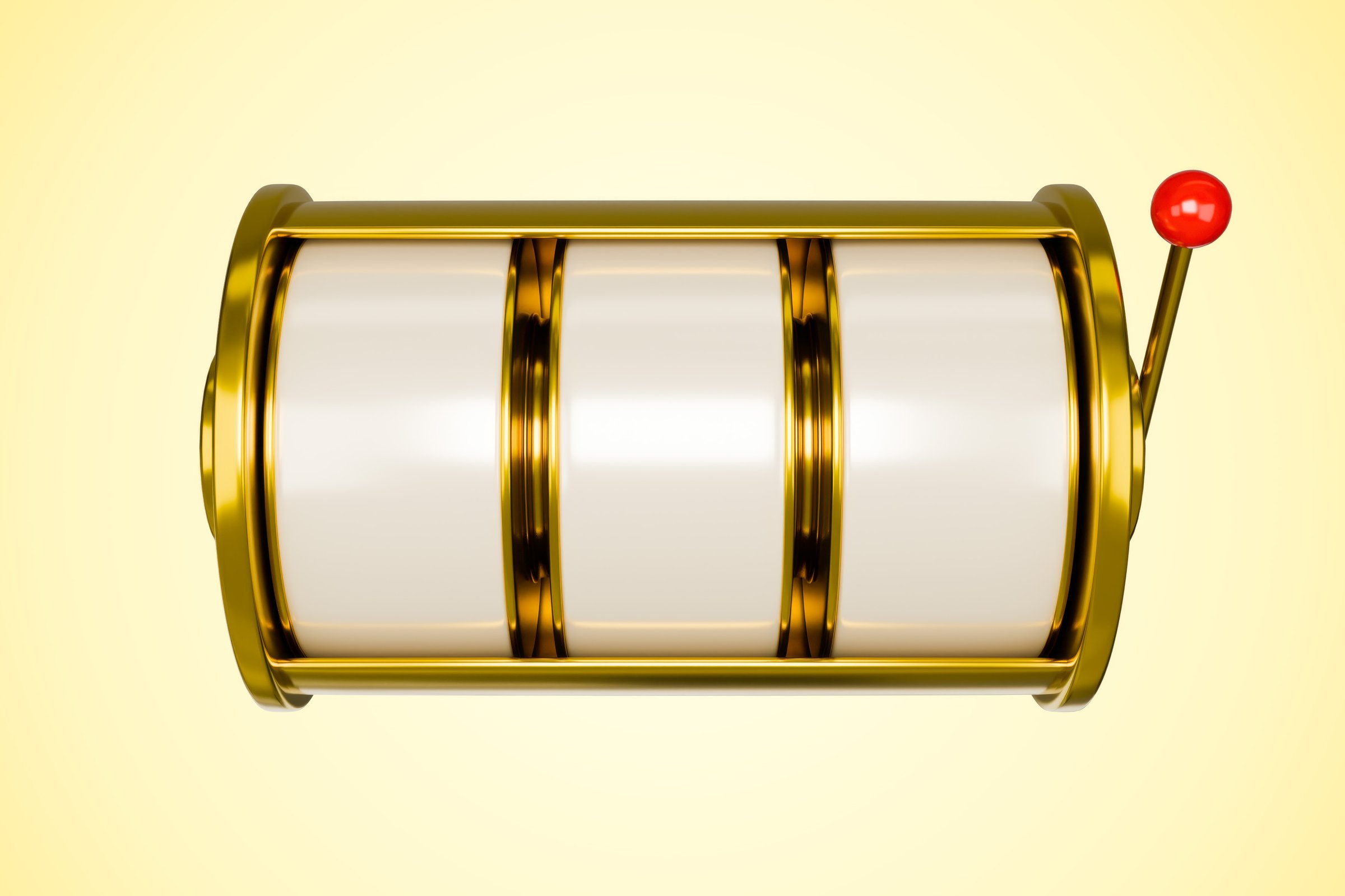 Golden and white slot machine with red ball.
