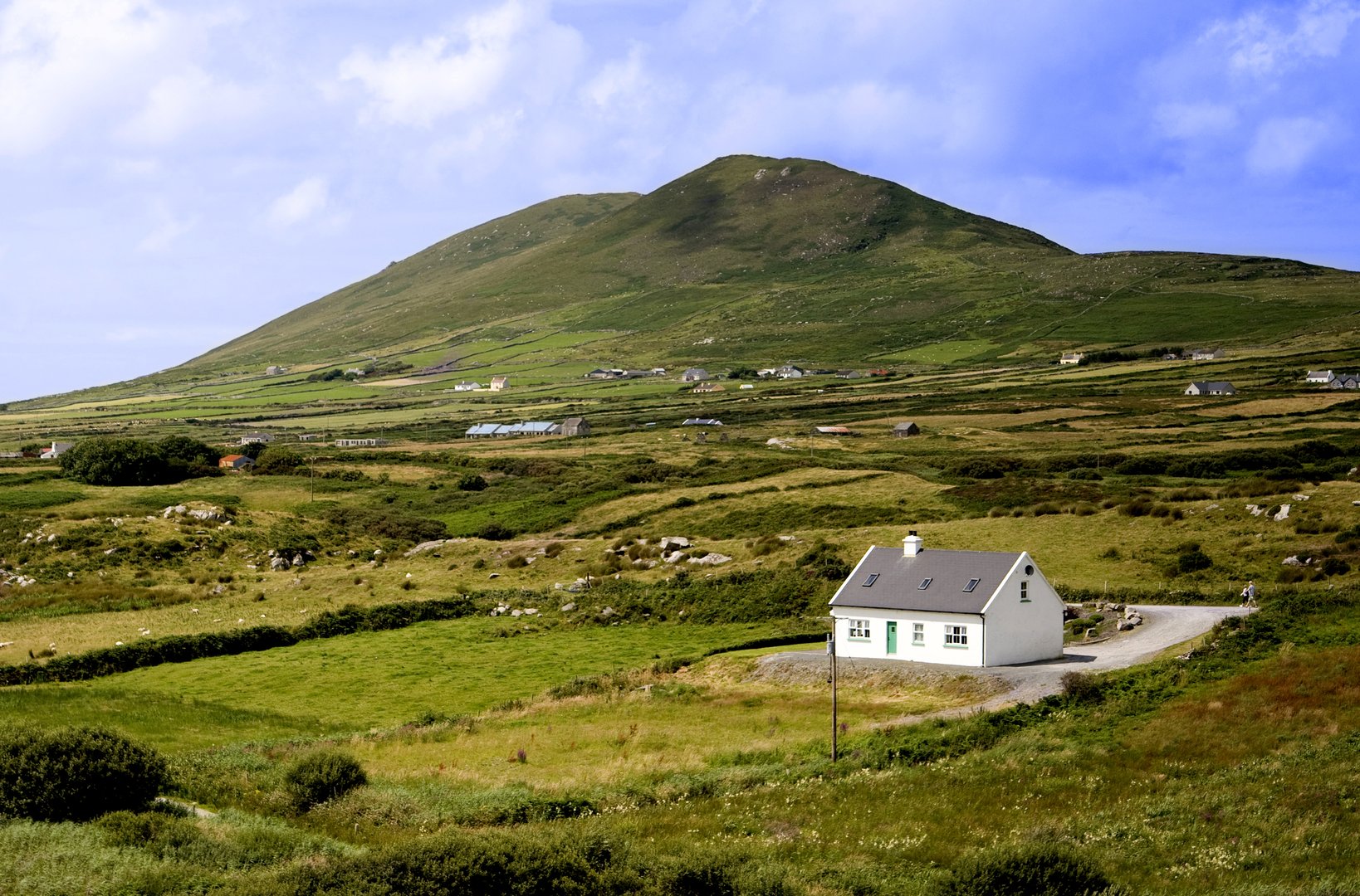 White cottage with green door in rural Irish countryside