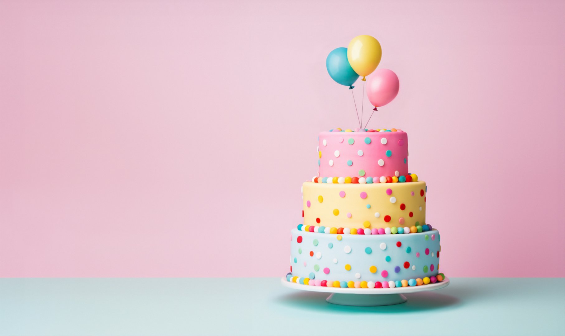 Tiered birthday cake with pastel colored tiers decorated with party balloons