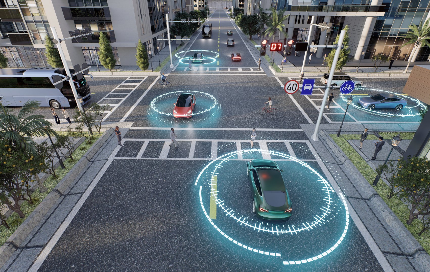 3D top-view render of Urban scene with autonomous vehicles approaching an intersection with wireless radar technology