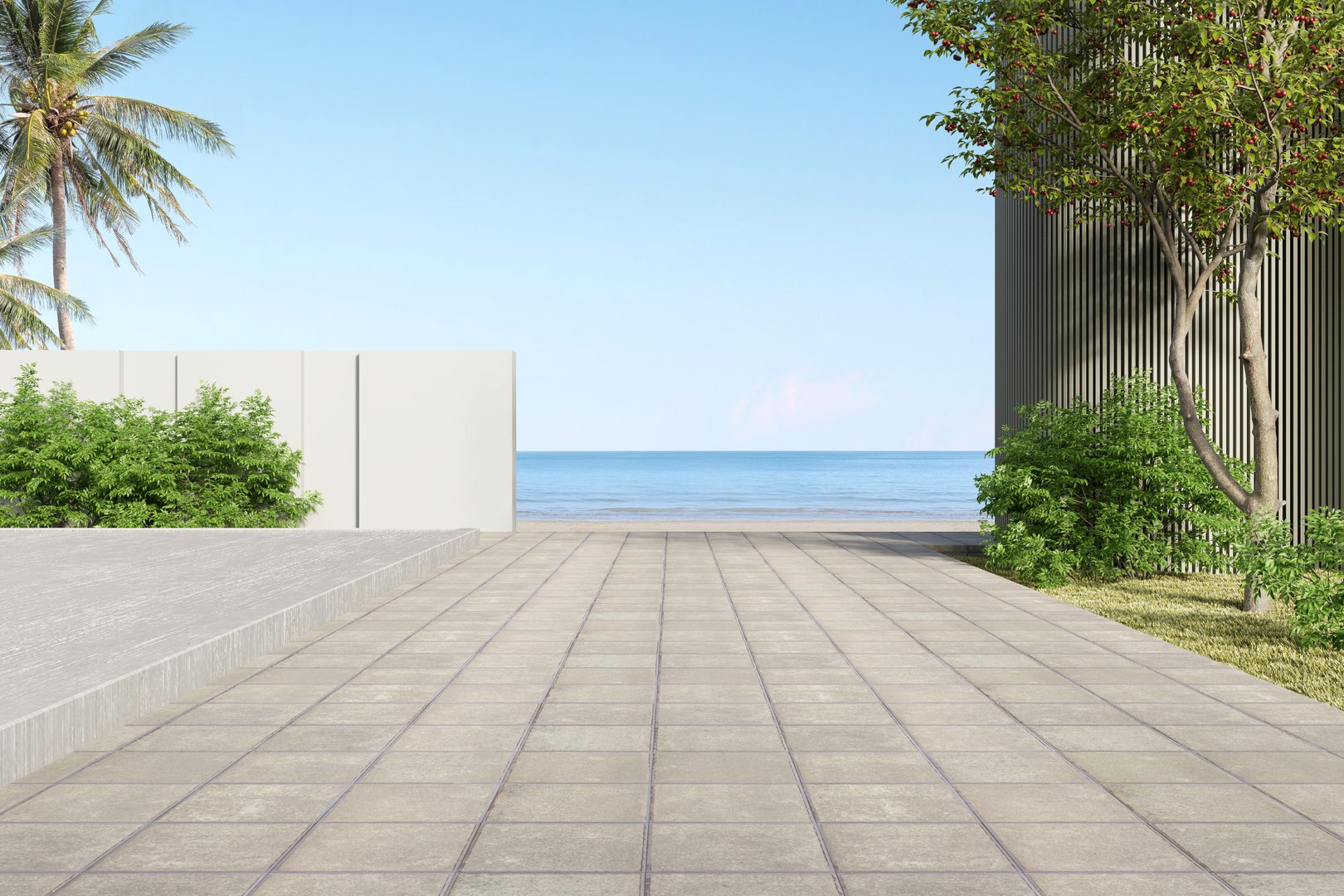 Empty concrete footpath with building wall landscape on sea background. 3d rendering.