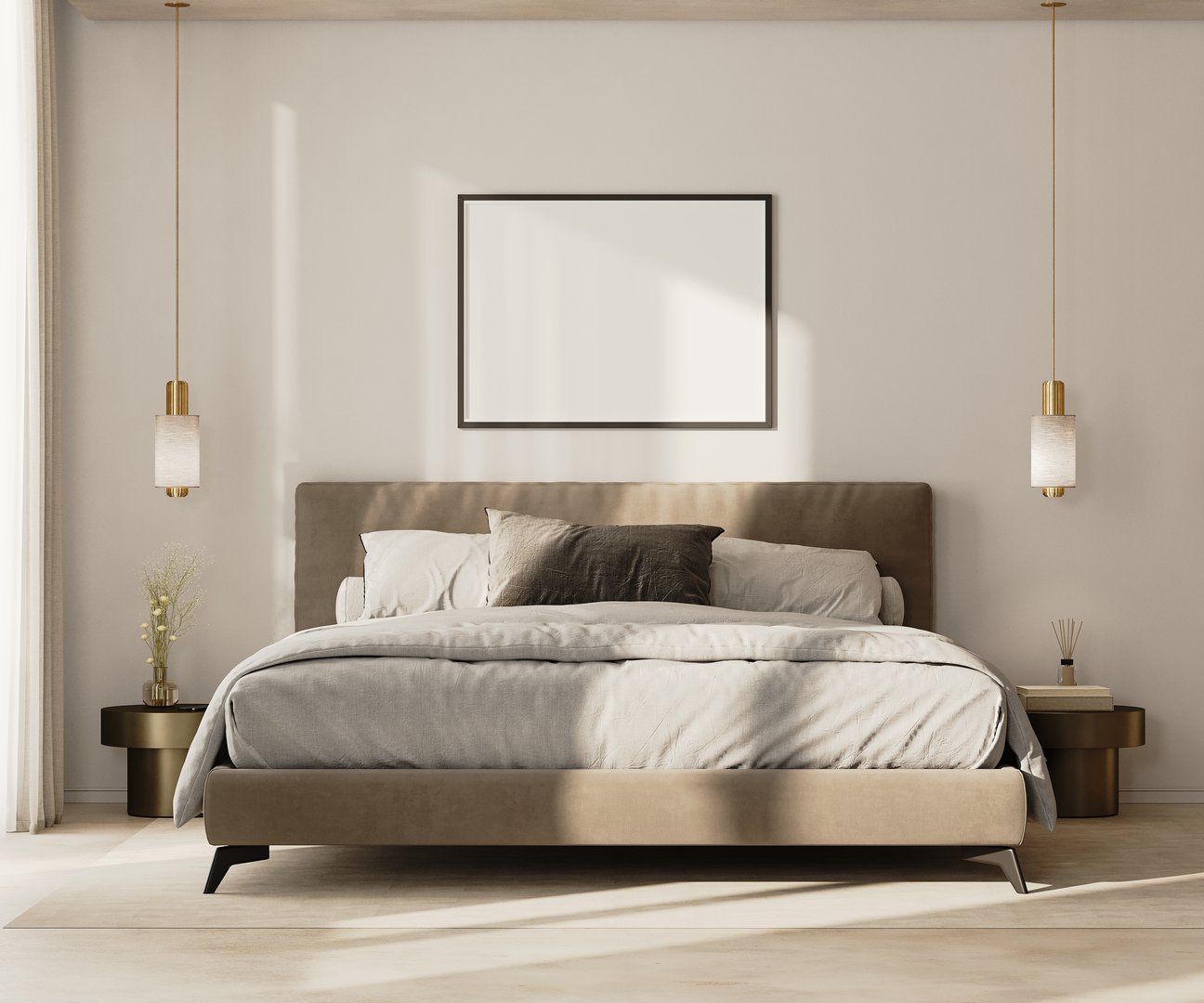 horizontal picture frame mock up above bed in modern bedroom interior, 3d render