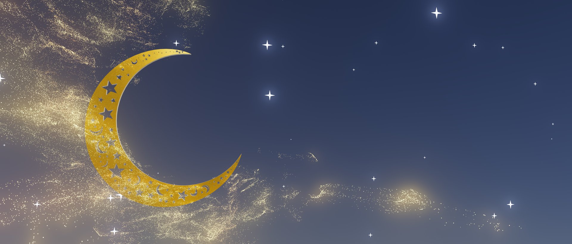 A gold crescent moon is surrounded by a cloud of glittering stars. Concept of wonder and magic, as if the moon and stars are dancing together in the night sky