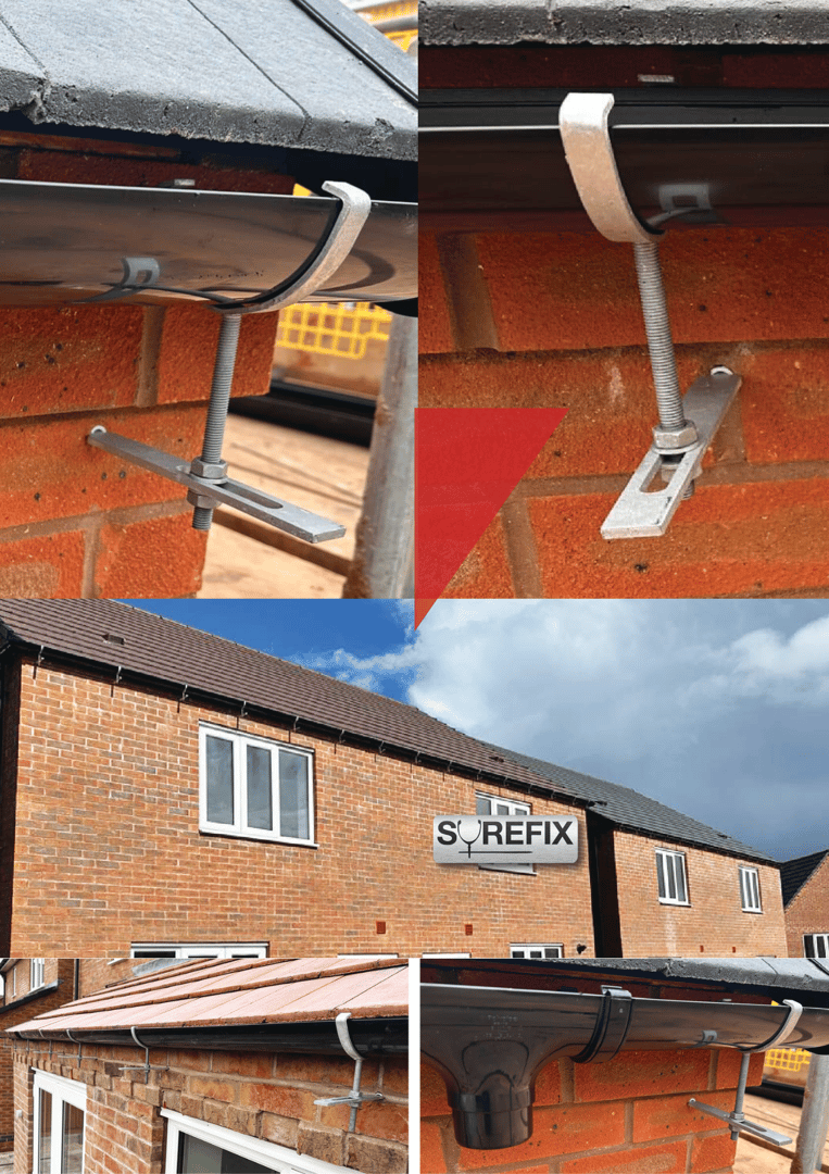 Four images showing a gutter repair on a brick building, with brackets attached for support. A "Surefix" sign is visible.