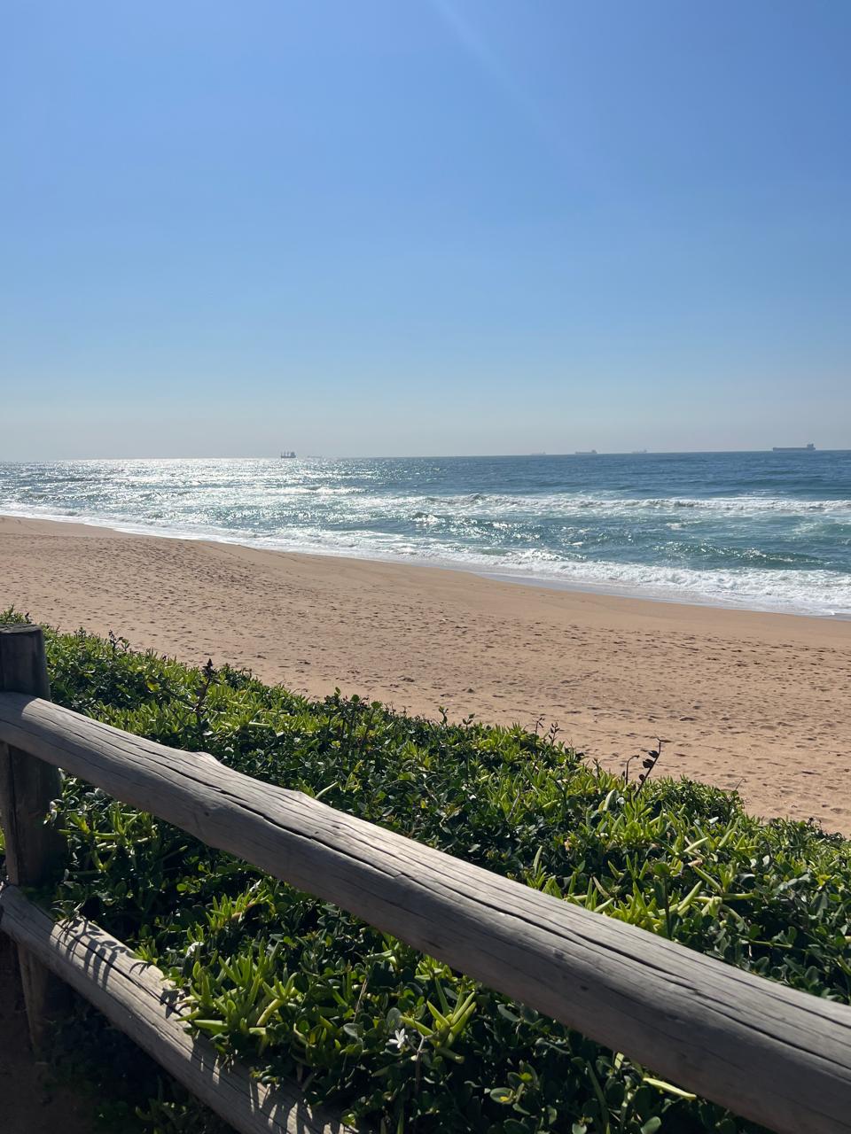 Sunny beach scene with a wooden fence, green plants, sandy shore, gentle waves, and ships on the horizon.