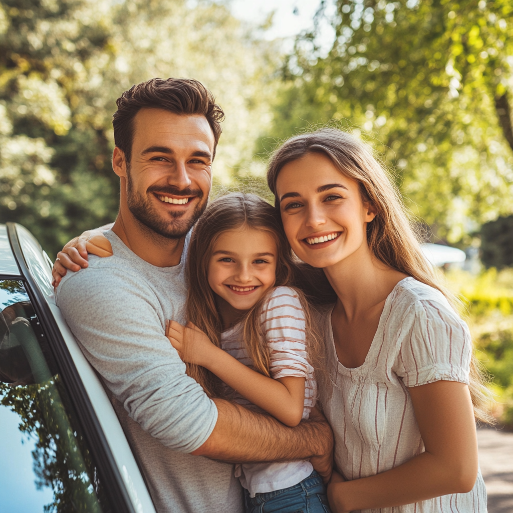 A smiling family of three, including a young girl, poses together outdoors next to a car on a sunny day.