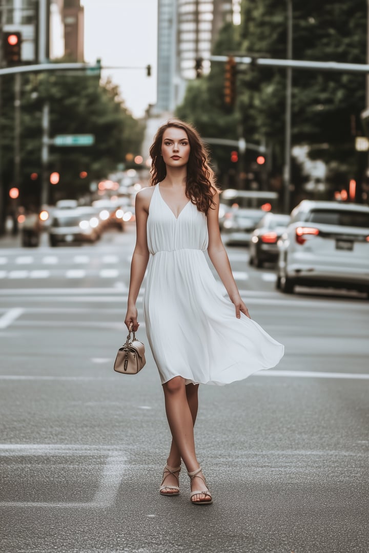 Woman in a white dress crossing a city street, holding a handbag, with traffic and buildings in the background.