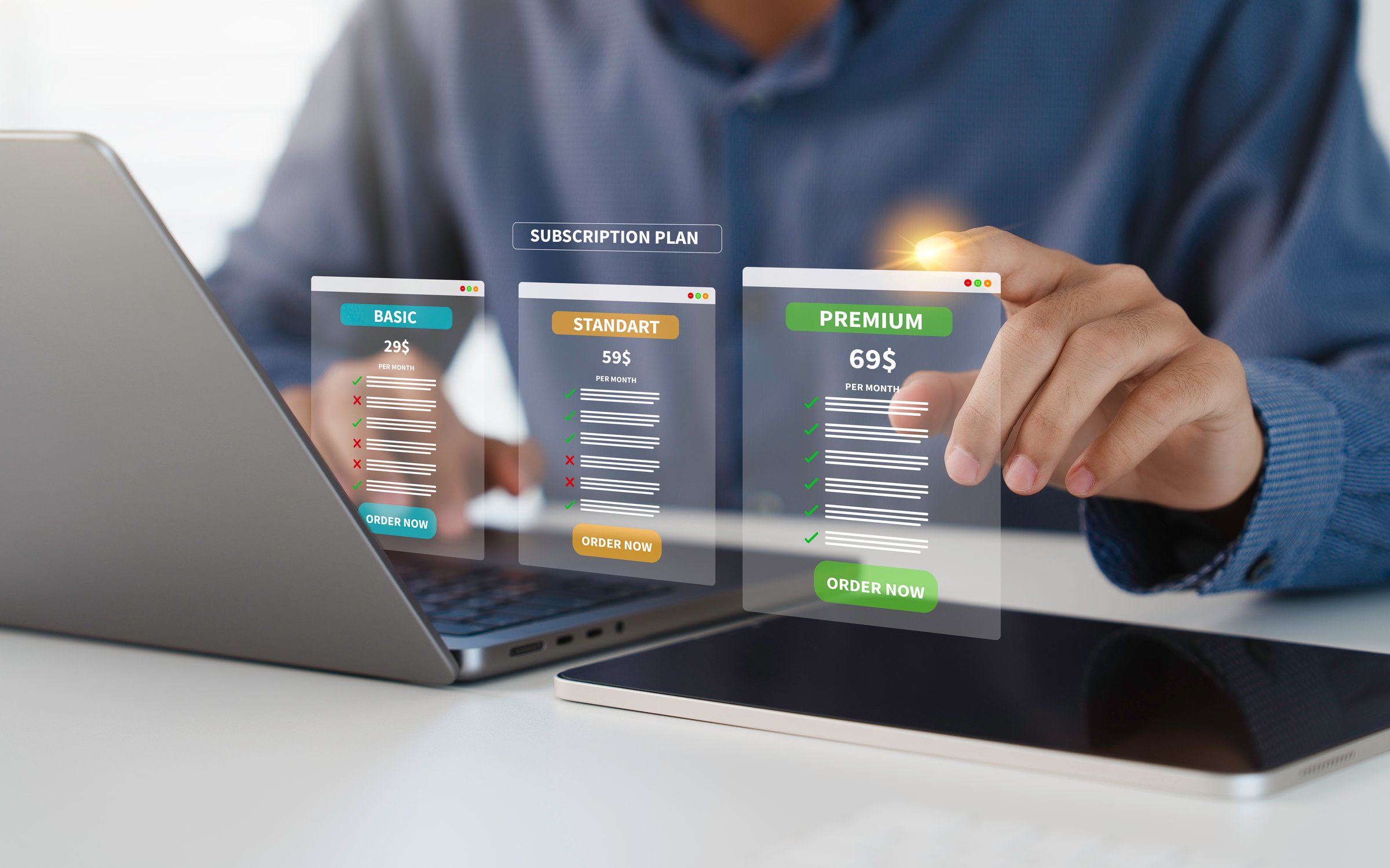 User or customer choosing subscription plan option Monthly product package for online service, platform content online, education course, software and buy streaming. Basic, Standard and Premium membe