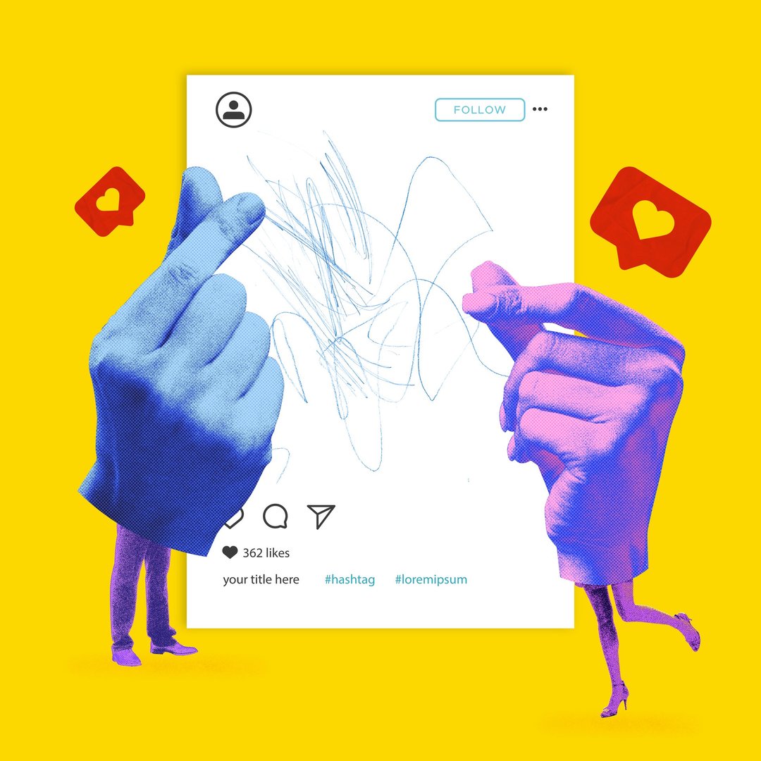 Social Engagement. Two hands form heart gesture around social media post. Digital influence, content creation and appreciation of audience. Online communication, networking. Print, noise effect