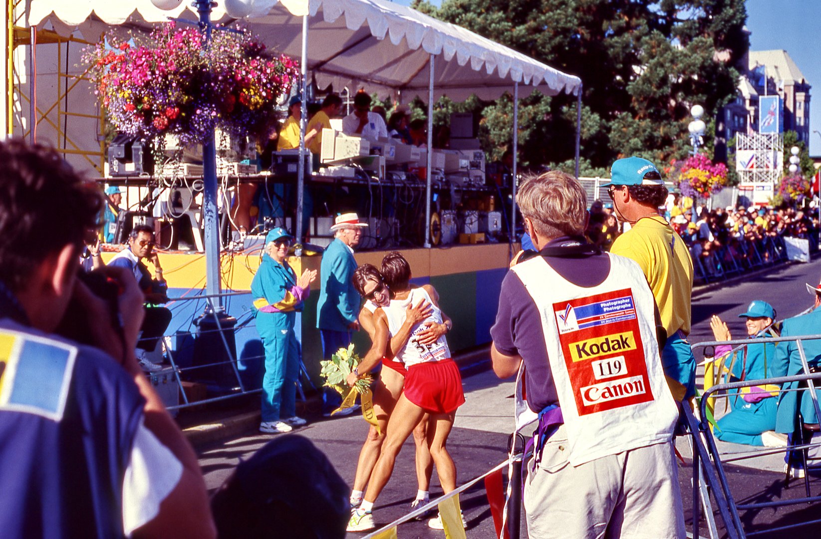 Victoria, British Columbia, Canada -- August 27, 1994: Carole Rouillard wins the women's marathon at the 1994 Commonwealth Games in Victoria, on Vancouver Island, BC, Canada.