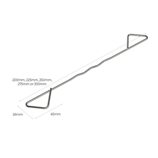 A metal wire hook with triangular ends and a wavy middle section, available in lengths from 200mm to 300mm.