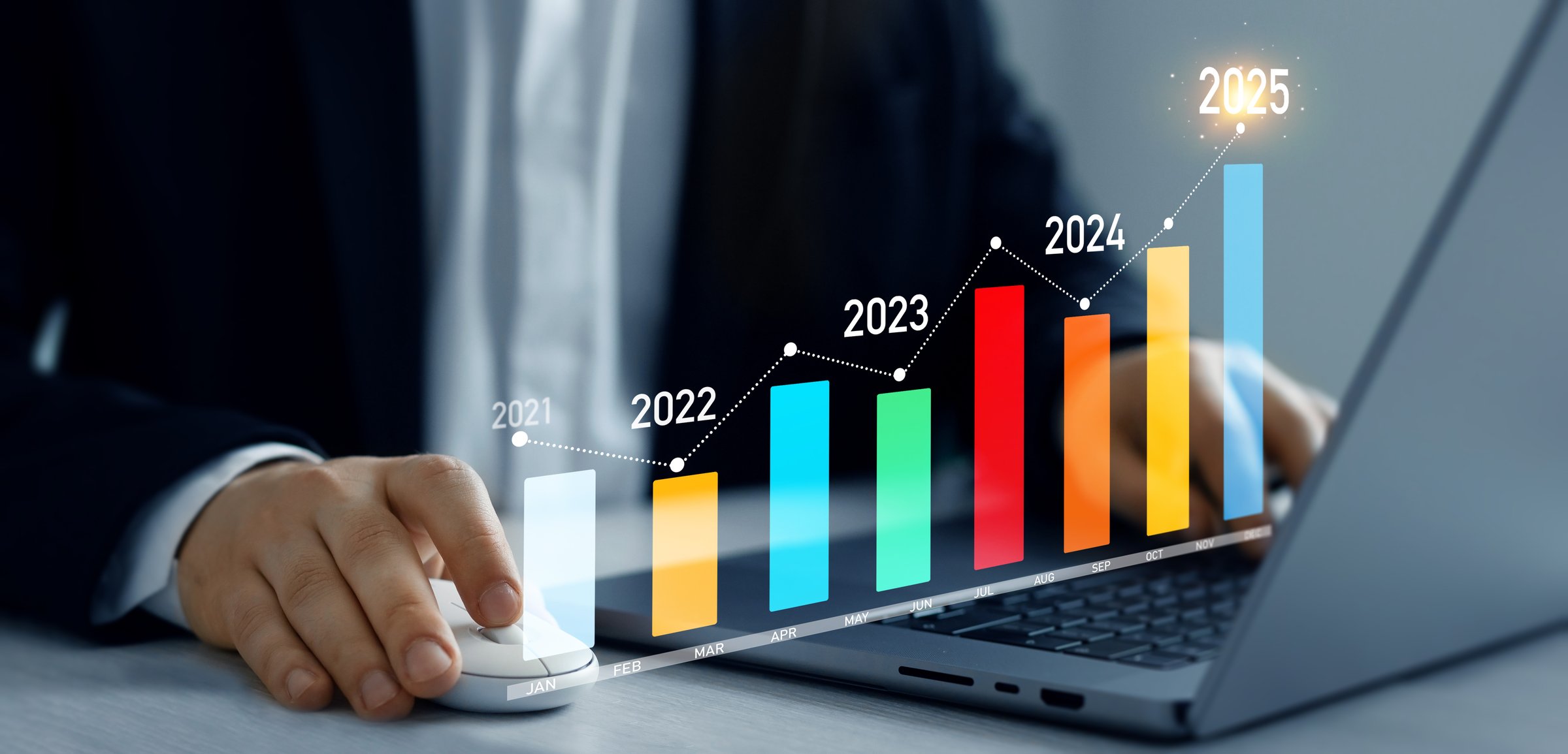 Development corporate to business success and achievement in 2025 year.Business plan in company 2025.Businessman touching growth chart from success year 2025.