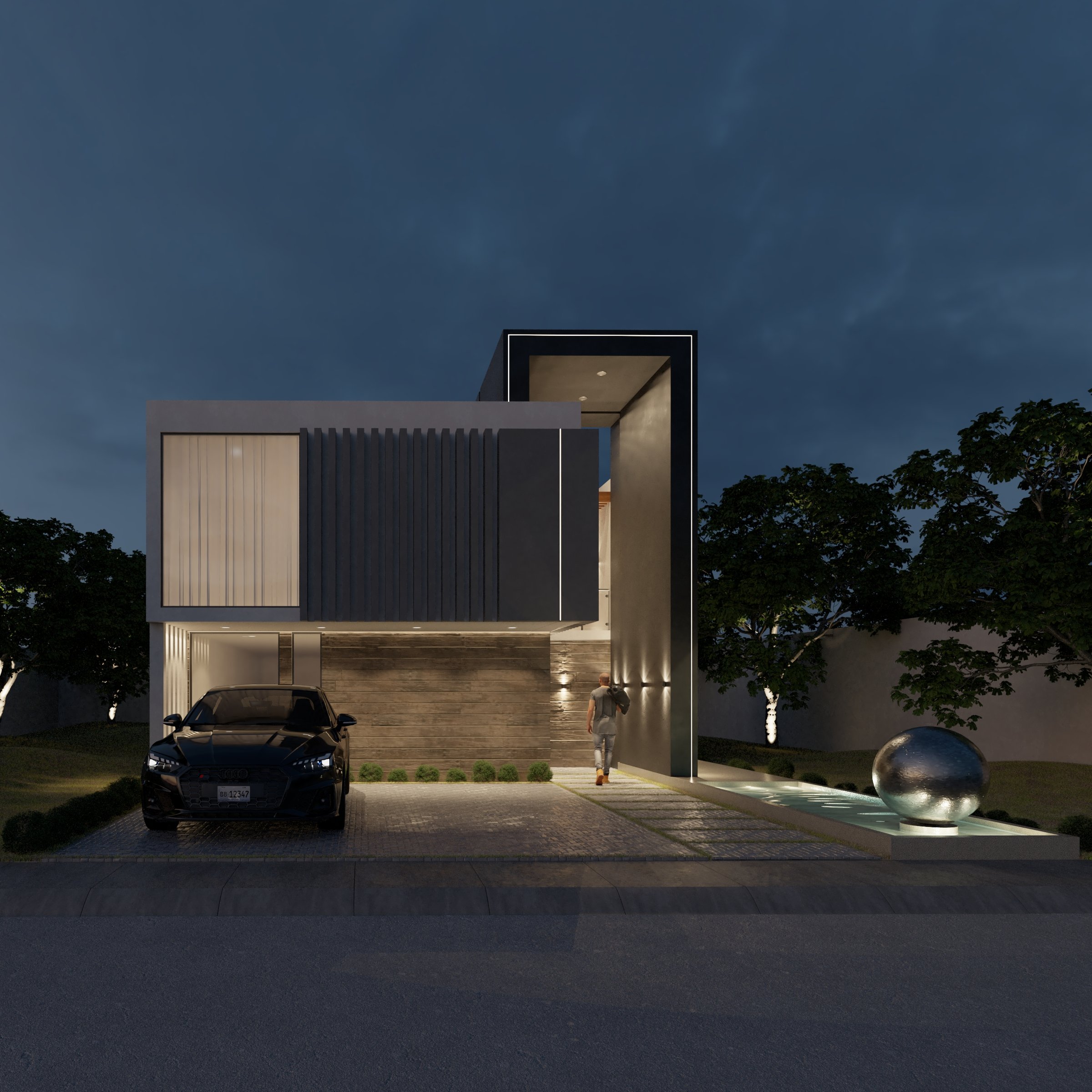 Modern two-story house with minimalist design, large windows, a parked car, and a water feature with a metallic sphere.