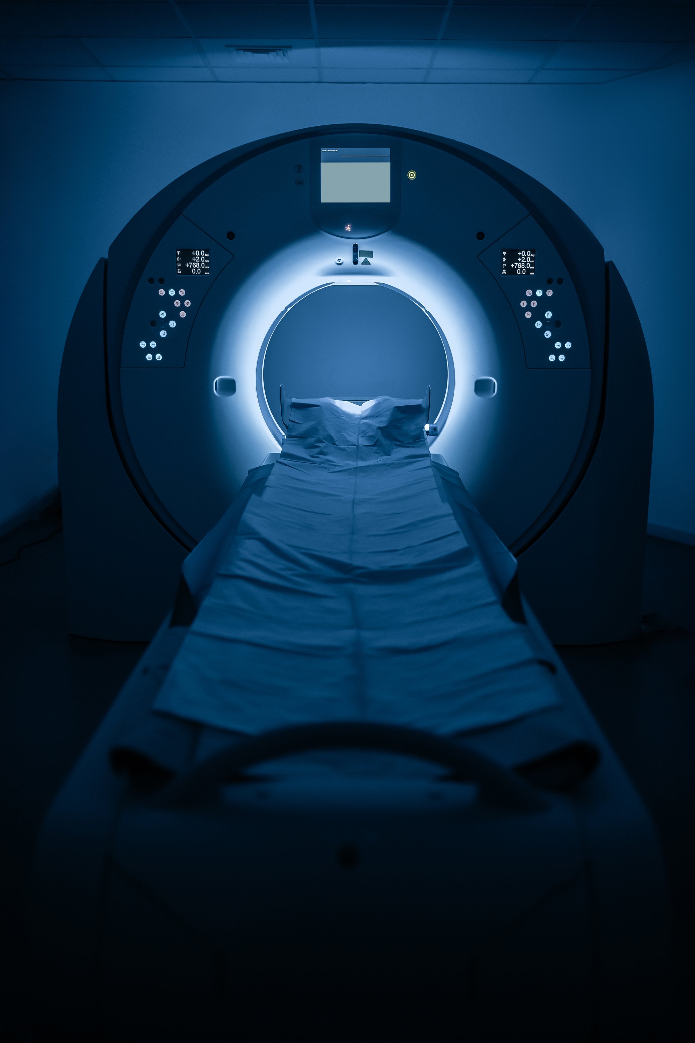 The MRI or CT capsule in the bright lighting of a modern clinic. The concept of using advanced technologies for safe and precise diagnostics in a state-of-the-art medical center.