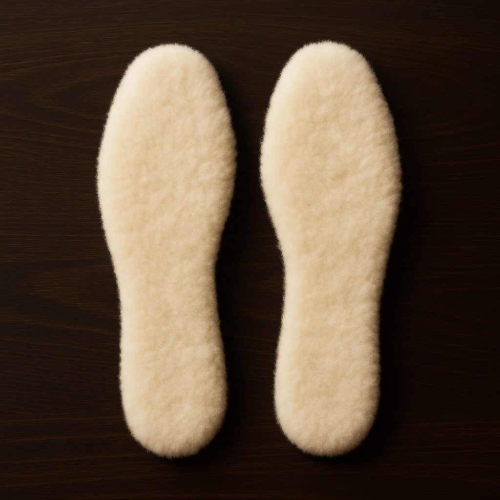 Lammfell-Einlegesohlen auf Holzoberfläche