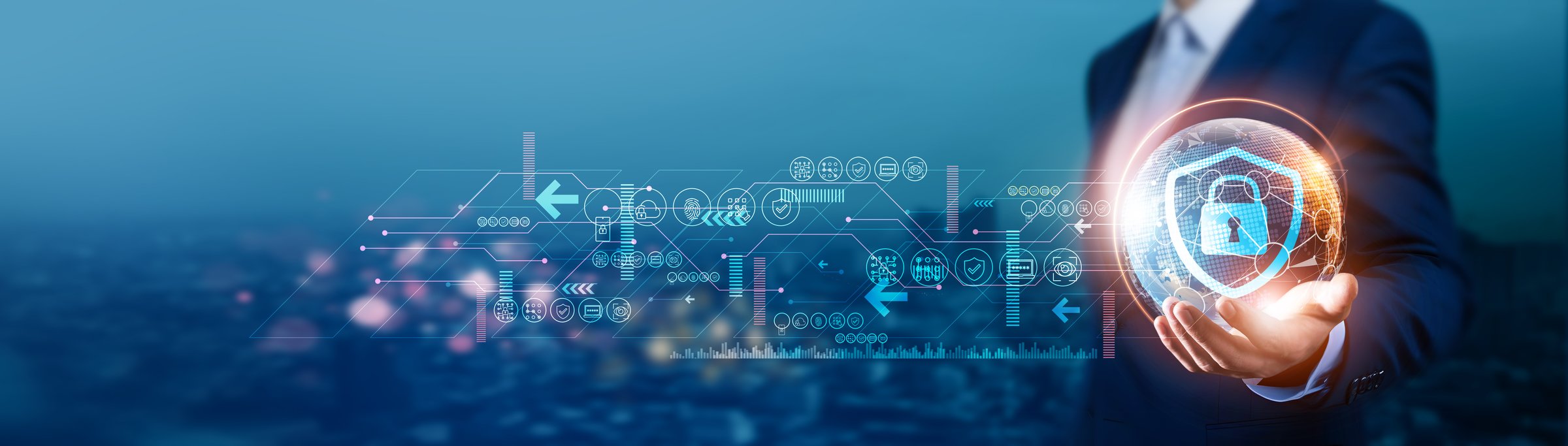 Businessman holds global cybersecurity with network connected to data protection, and threat detection. Technological development is crucial to enhancing cybersecurity measures worldwide.