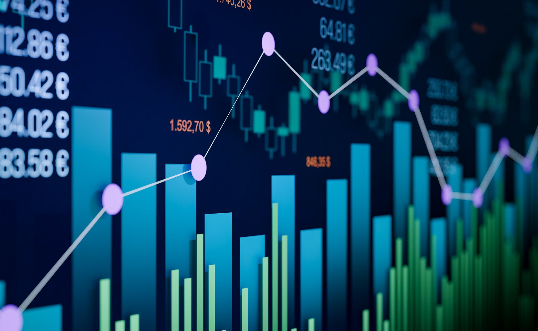 Blue and green bar graph, financial data and candle stick chart. Abstract stock exchange charts, bar graph and market data.