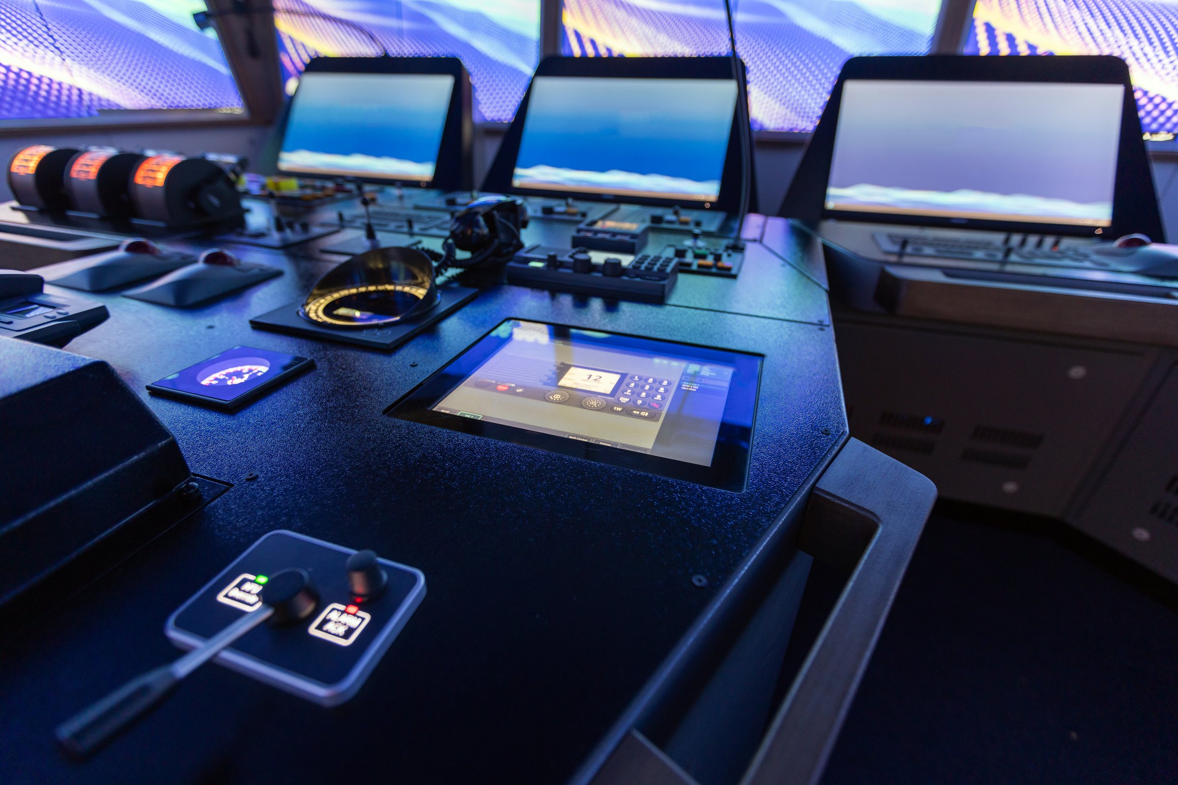 Marine navigation simulator. Control room of a ship, featuring screens and advanced navigation equipment, conveying technology and precision