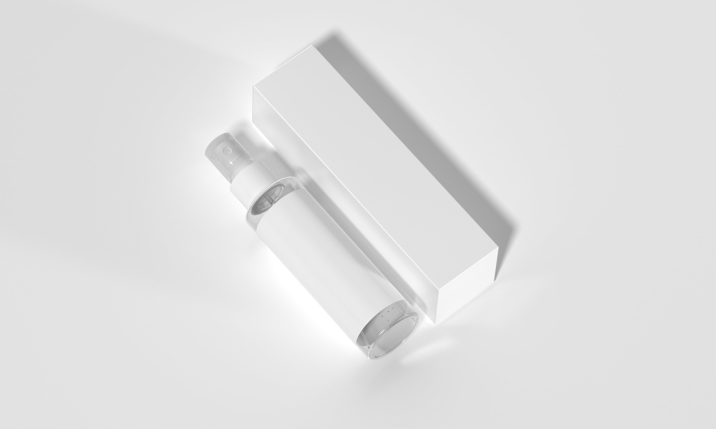 Transparent spray bottle and box mockup, 3D render, blank packaging for cosmetics or skincare products. High quality 3d illustration