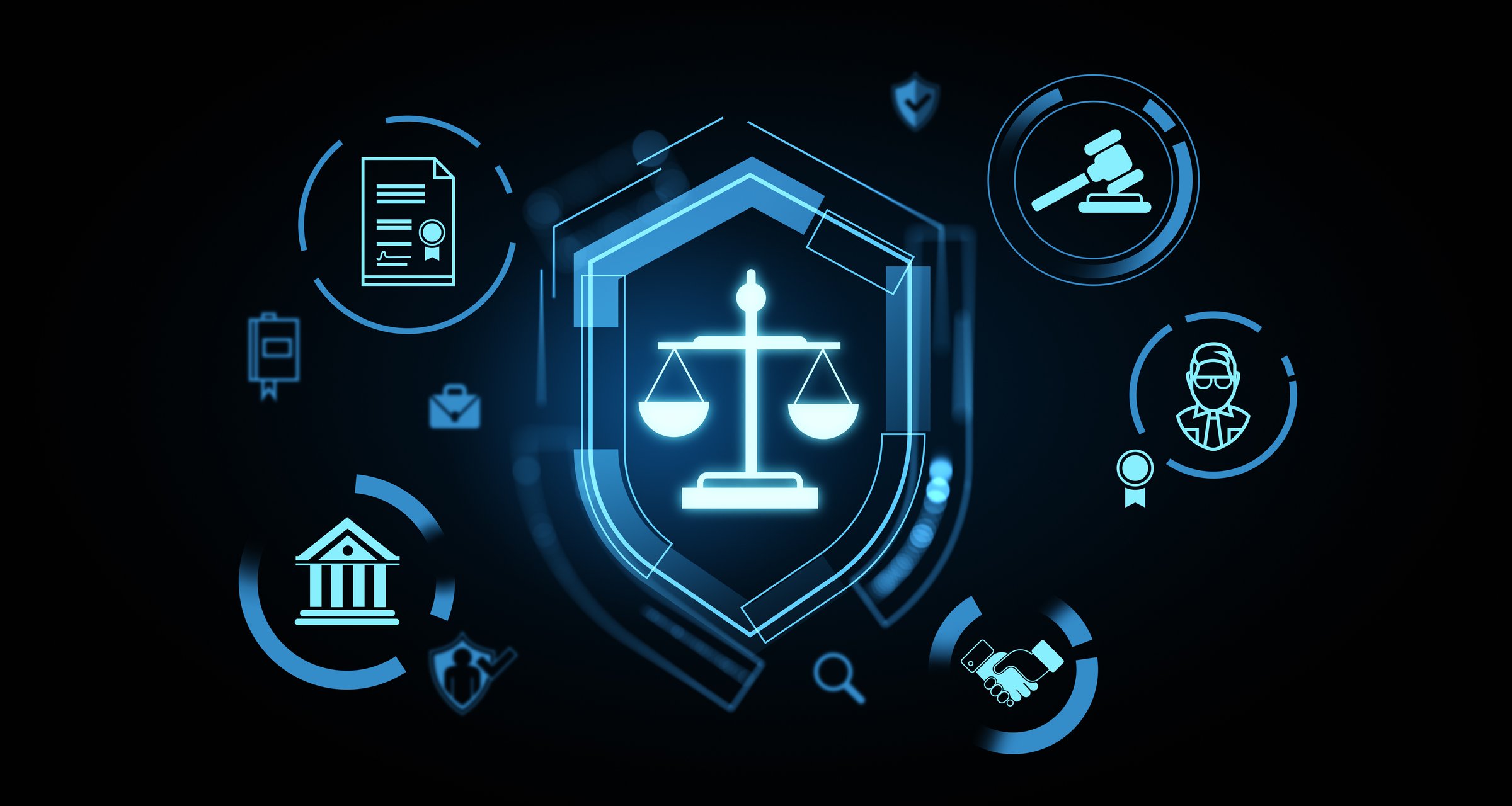 Scales of justice, courthouse, contract, and legal icons displayed on futuristic digital interface. Concept of legaltech and compliance. 3D Rendering