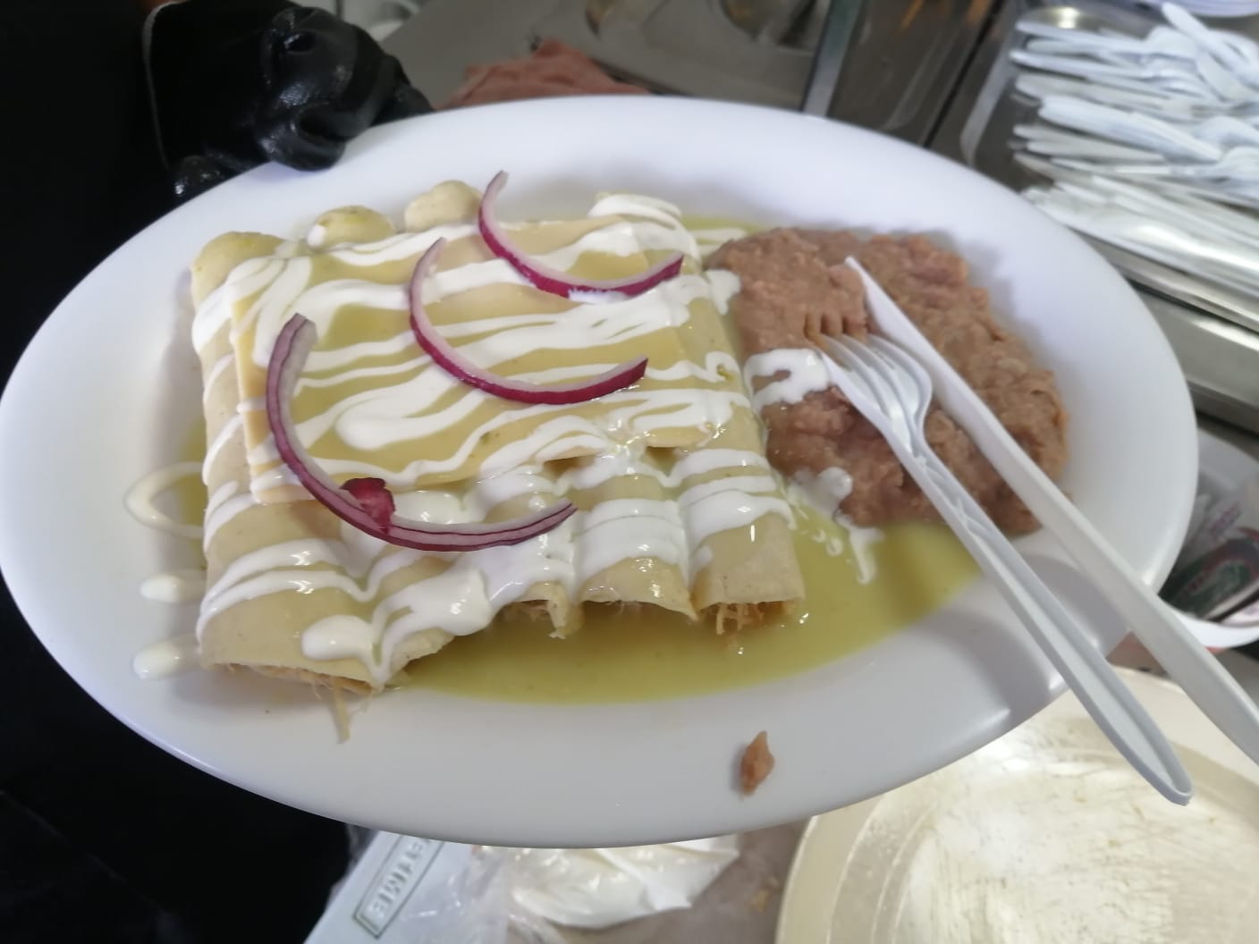 Plate of enchiladas with green sauce, topped with sour cream and onion slices, served with refried beans.