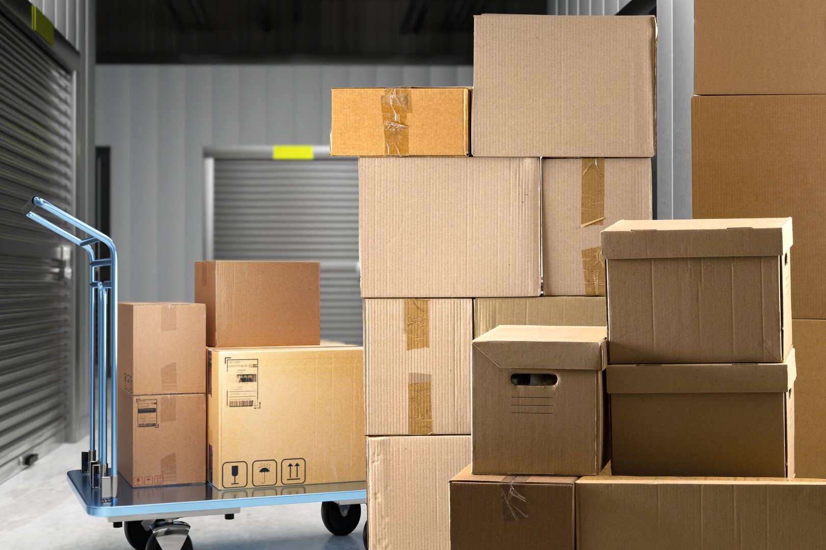 Warehouse with boxes. Storage space. Cardboard boxes in warehouse corridors. Building with separate storage units. Building with storage units without people. Cargo trolley with parcels. 3d image