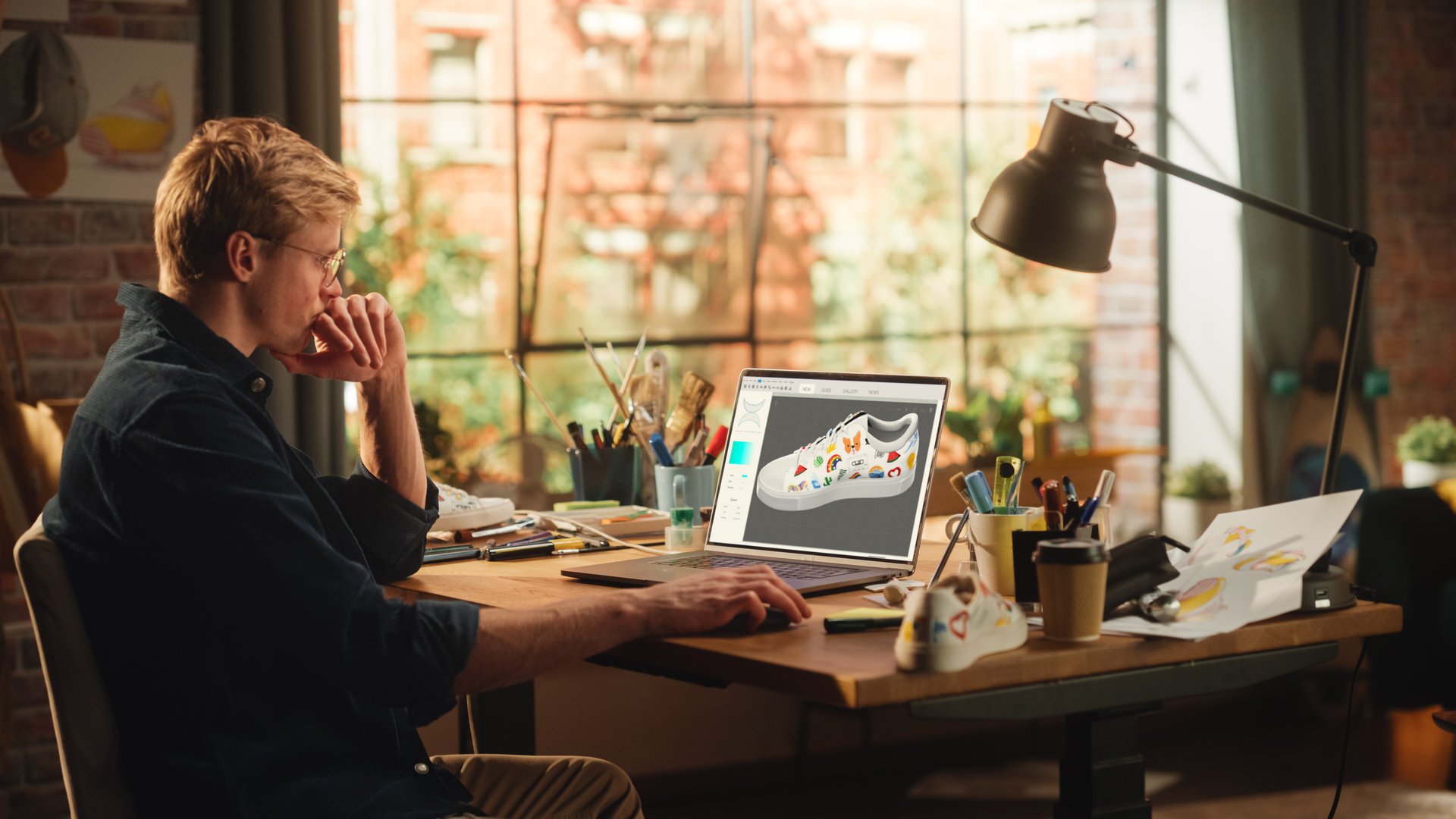 Millennial Designer Office: Caucasian Male Artist Sitting at His Desk Working on Sneakers Design in 3D Modelling CAD Software on Laptop Computer. E-Commerce and Smart People with Fresh Ideas Concept.