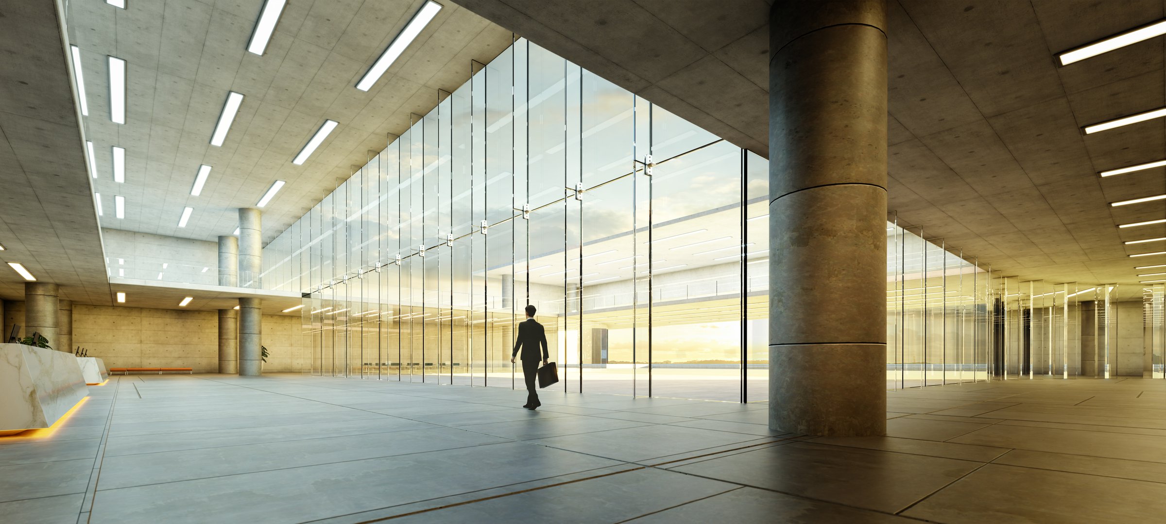 Silhouette of a man in a spacious and contemporary office building entrance with glass facade. 3D rendering